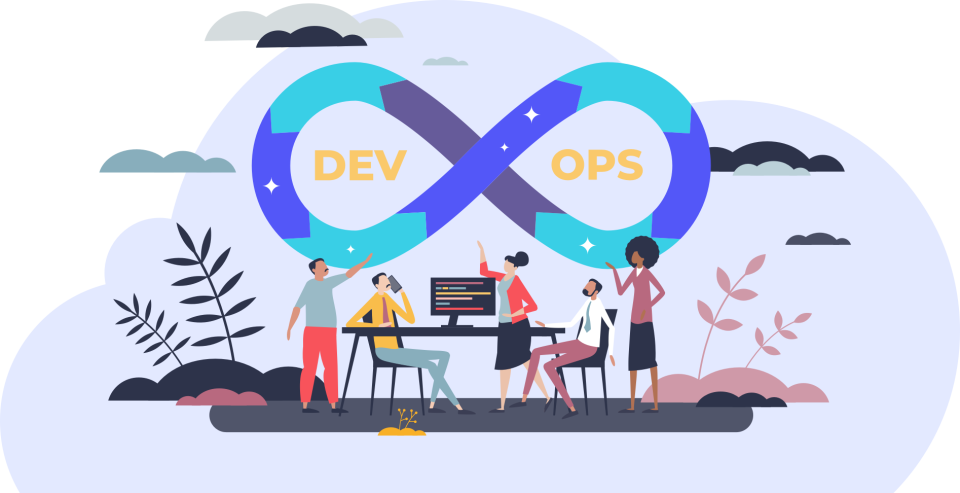 Illustration of people with DevOps logo icon