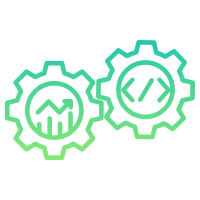 Icon depicting two meshed gears with symbols for coding inside each