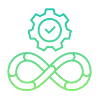 Icon depicting DevOps and engineering with a gear wheel and a looped infinity symbol