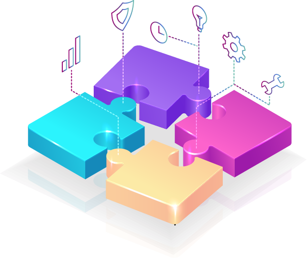 Illustration of jigsaw pieces and various connected icons related to services