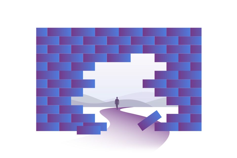 Illustration of a wall with a hole in it and a human figure walking off into the distance through the hole.