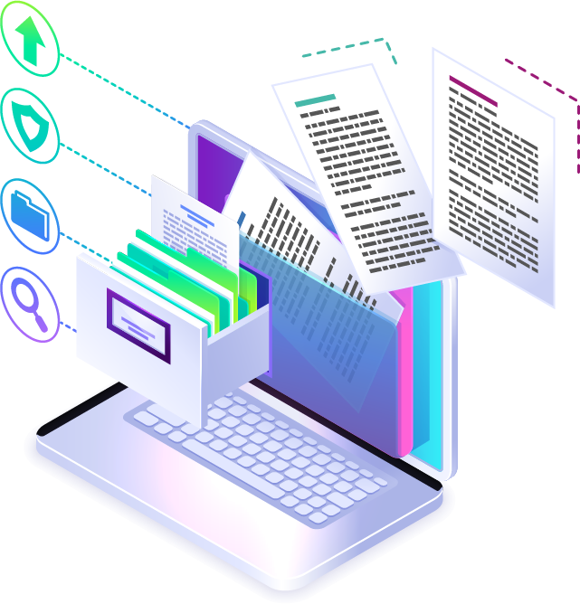 Illustration of digital service delivery, showing a laptop computer with metaphorical representations of documents and actions.