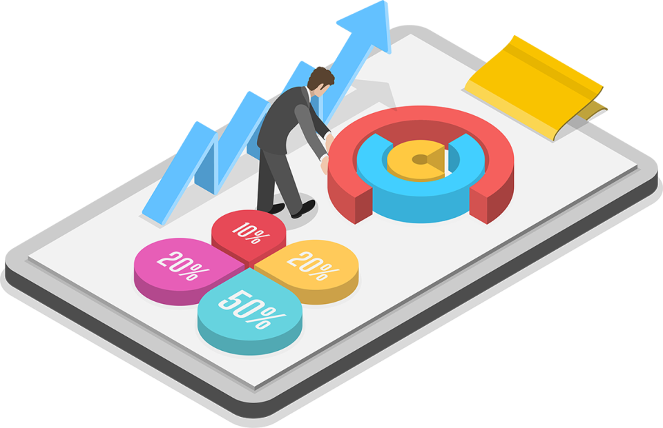 Illustration of man on a clipboard with some objects which imply increased performance.