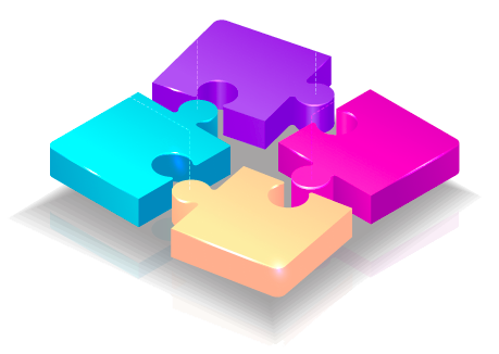 An illustration of four coloured jigsaw pieces not quite interlocked.